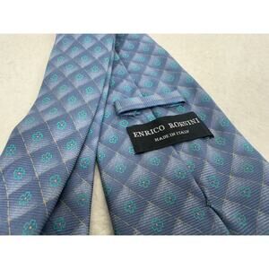 Enrico Rossini 100% Silk Tie Blue Geometric Shape Turquoise Flower